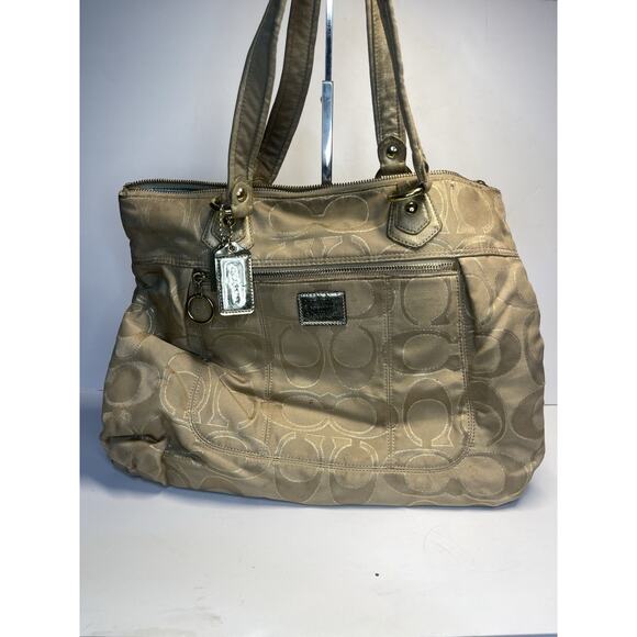 Coach Poppy Glam Tote Handbag Purse Gold Metallic Sateen Blue Interior Pls Read - Picture 1 of 9